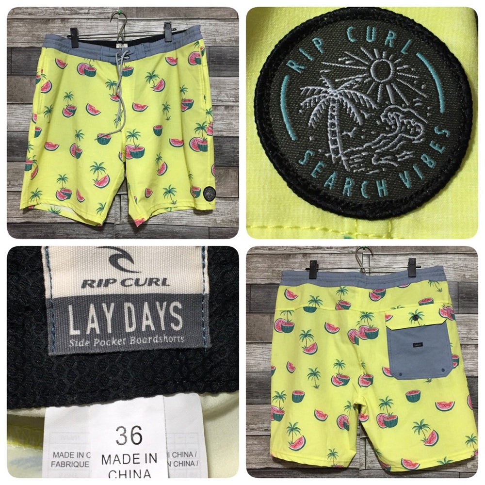 Rip Curl Lay Days Boardshorts Men’s 36 Yellow (Inseam 8) Watermelon Palm Trees